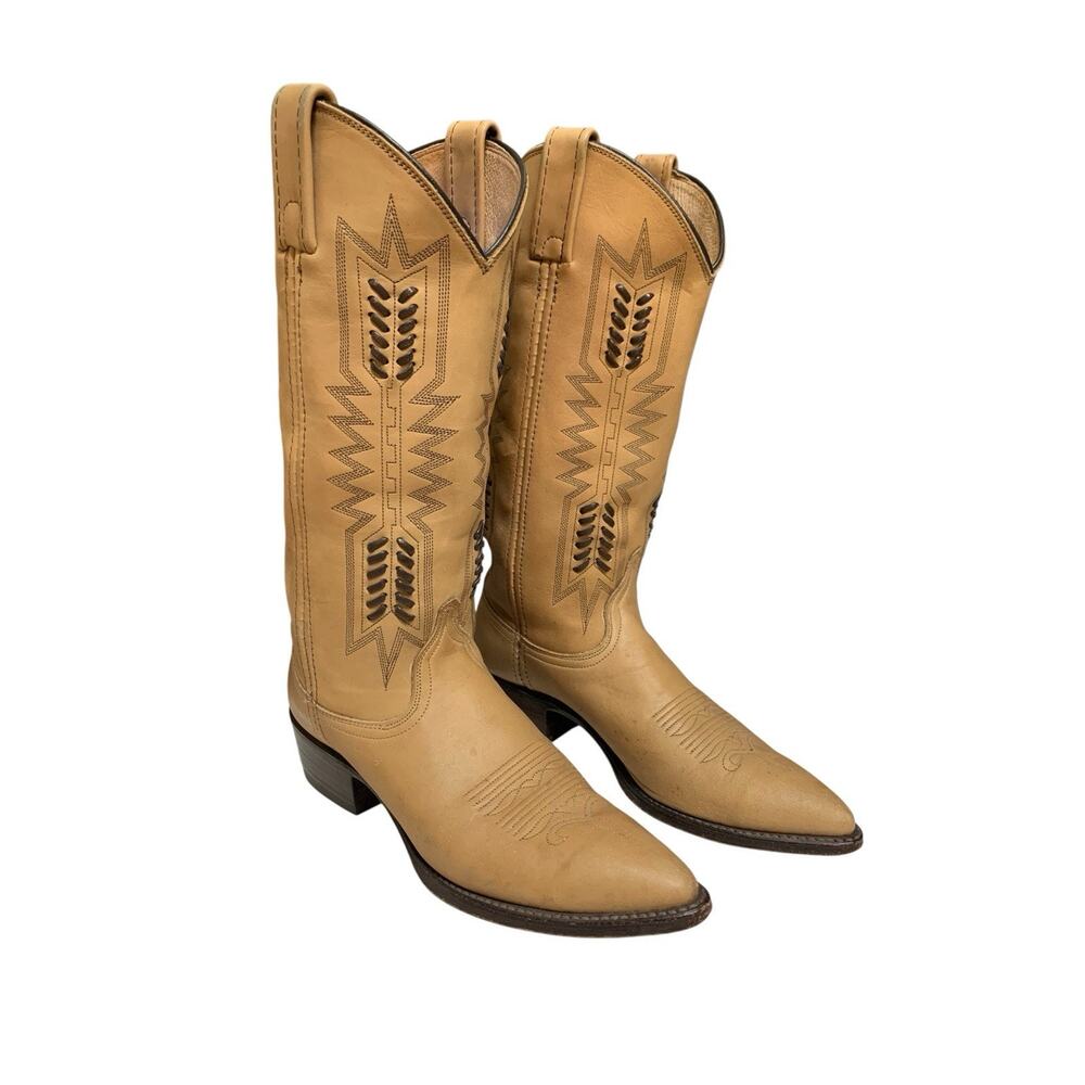 Dan Post Tan Brown Leather Pointed To Coastal Cowgirl Boots Whipstitch Aztec 6.5 - Picture 1 of 11